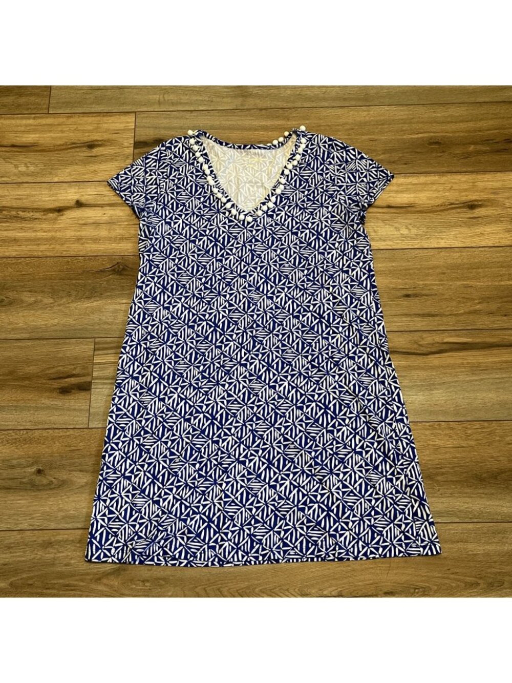 Lilly Pulitzer Etta Easy Peasy Dress SZ Large V-Neck Pom Pom Corisca Blue